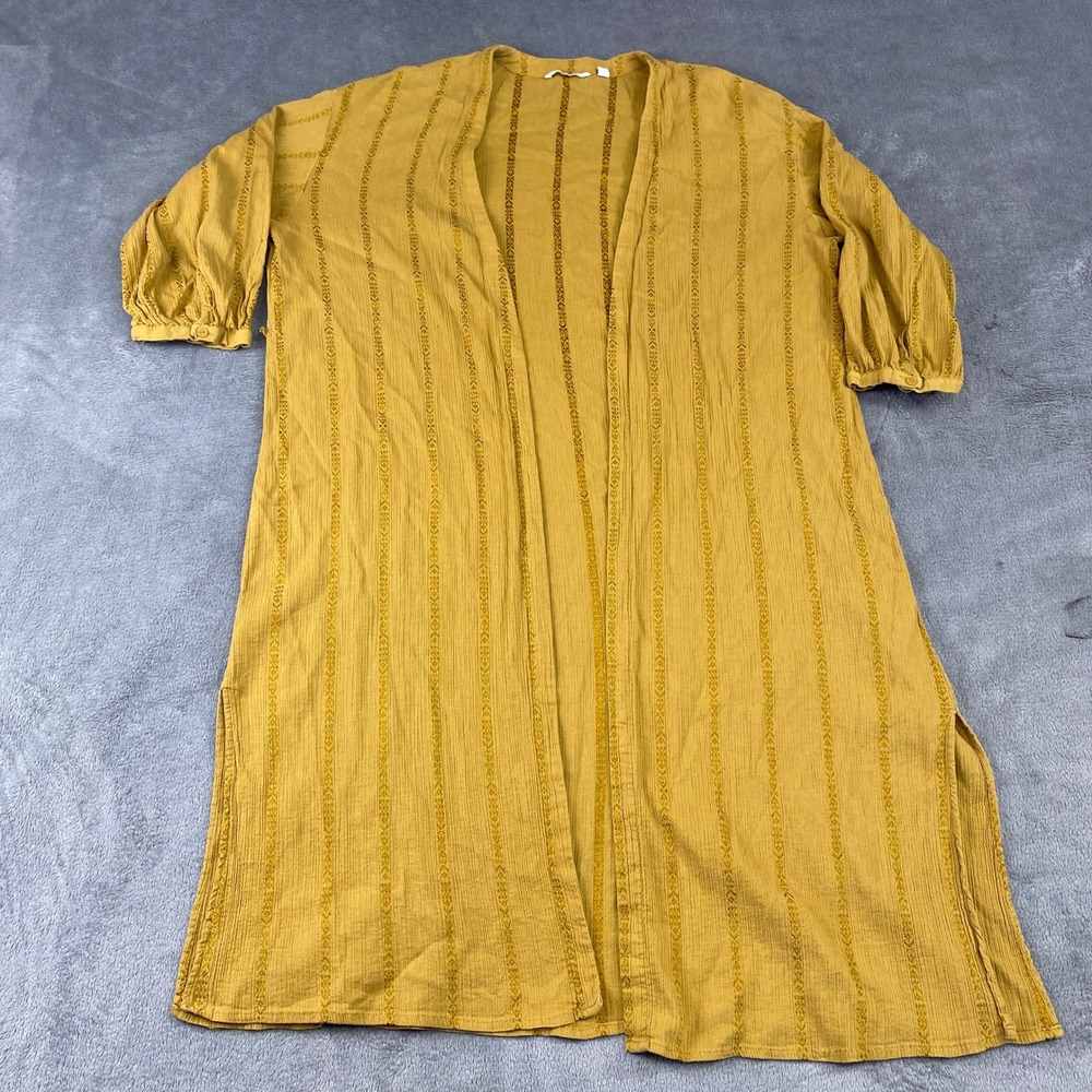 Uniqlo Kimono Womens L Mustard Yellow Dobby‎ Embroidered Open Front 3/4 Cardigan